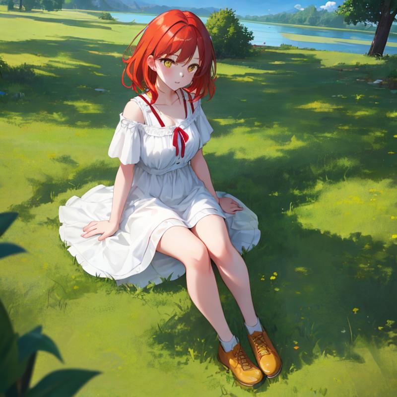 00144-2299588985-1Girl, mature, American, redhead, medium hair, yellow eyes, sitting on a picnic blanket near a lake, elegant summer dress, happy.png